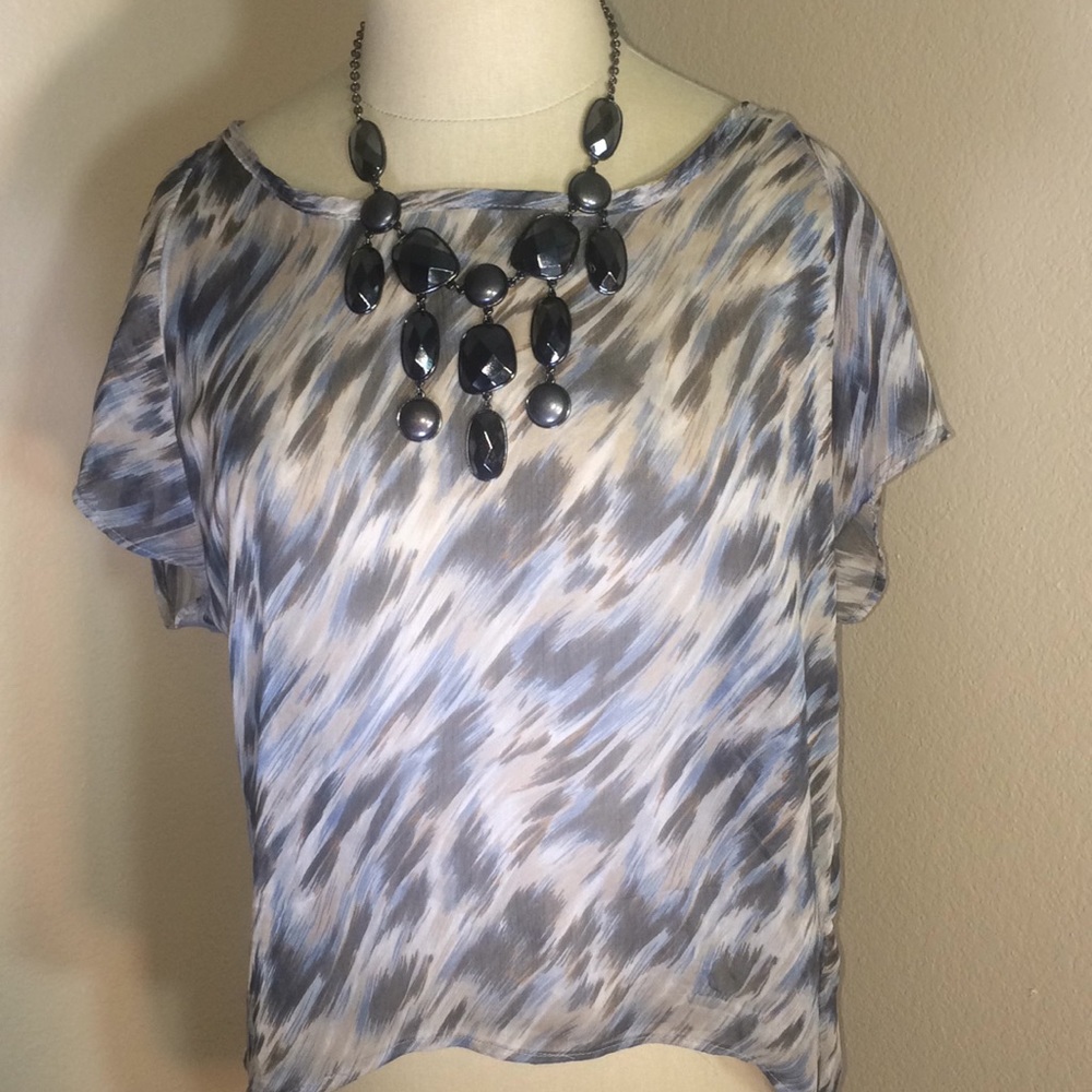 Sheer Blue &Cream Hi Low Short Sleeve Blouse